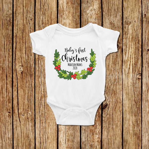 Baby's First Christmas Wreath - Baby Onesie